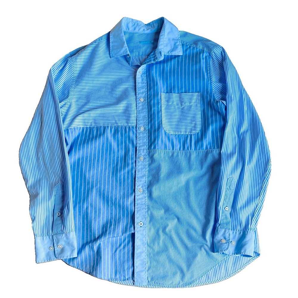 J Mcglaughlin Women's Gramercy Top‎ Patchwork Med Blue Poplin Button Down Blouse